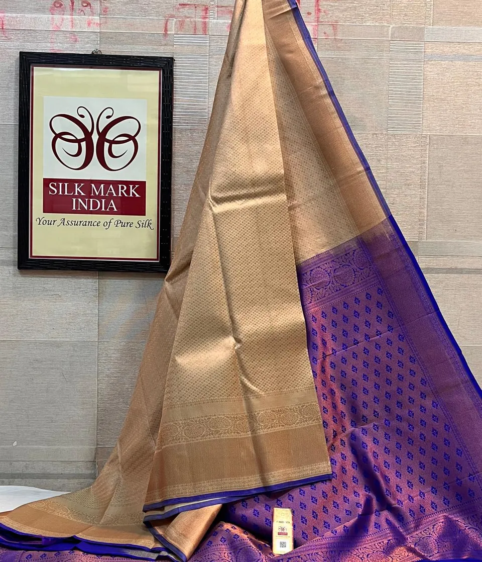 Beige & Violet kanchipuram pure silk saree