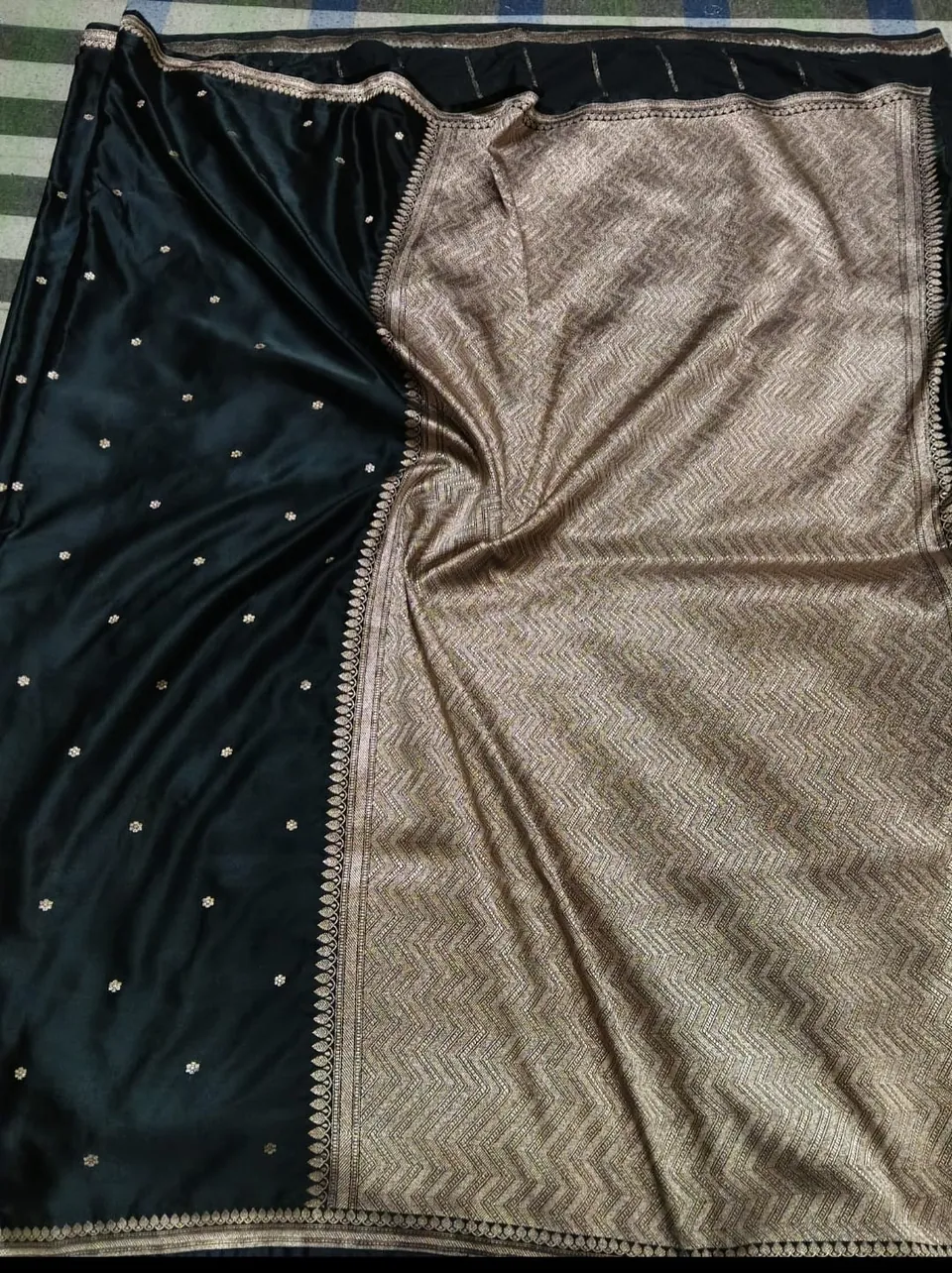Black & Beige banarasi mashru katan silk booti saree