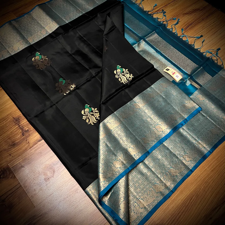 Black & Teal kanchipuram meena butta silk saree