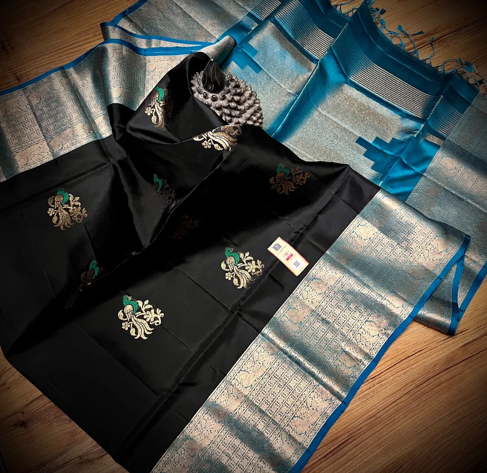 Black & Teal kanchipuram meena butta silk saree, view 3