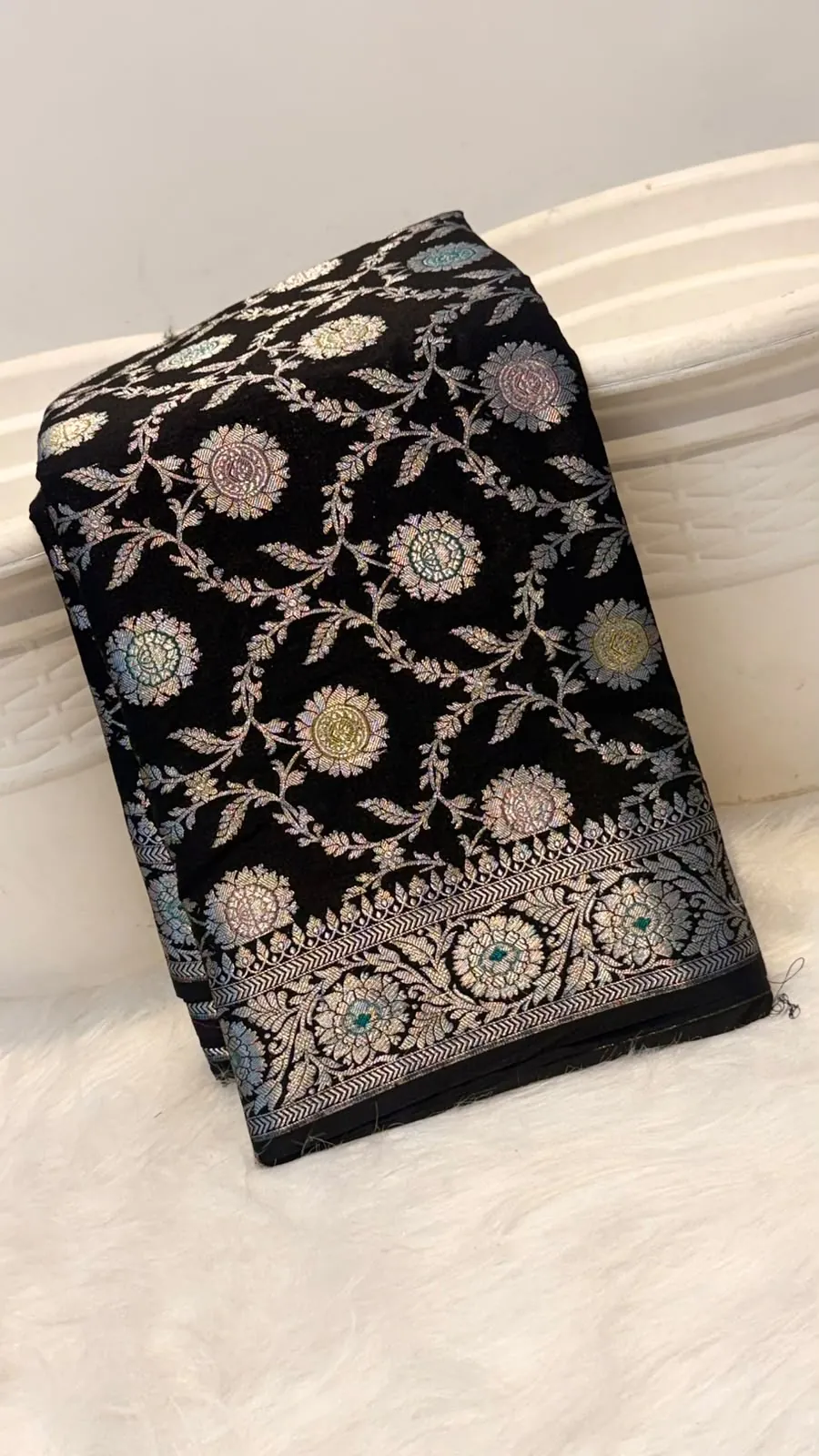 Black banarasi katan silk meenakari jaal saree, view 3