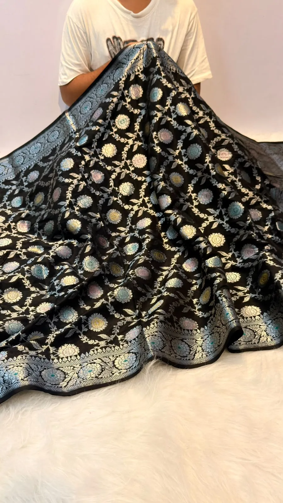 Black banarasi katan silk meenakari jaal saree, view 4