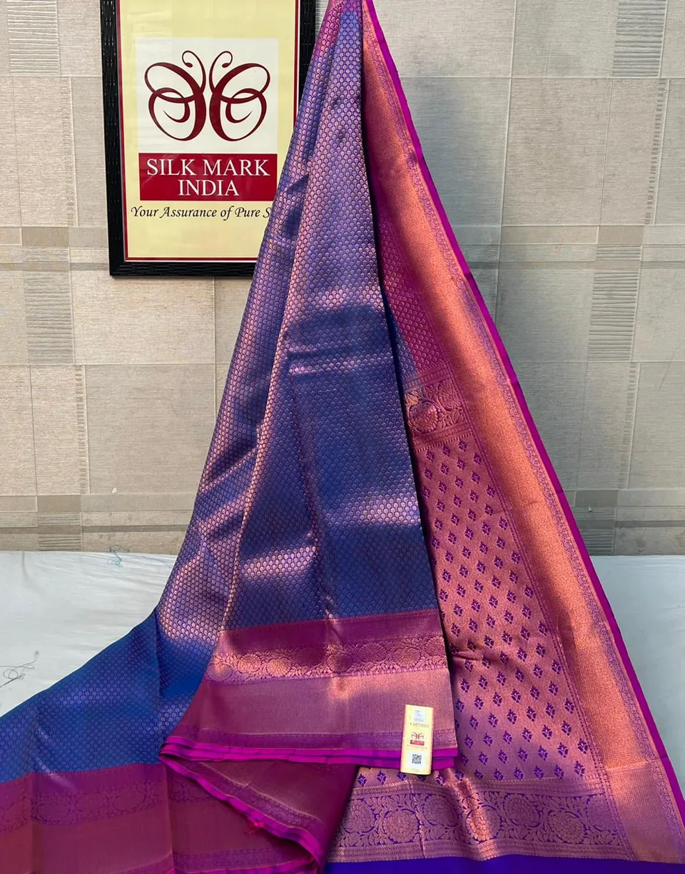 Blue & Peach kanchipuram pure silk saree