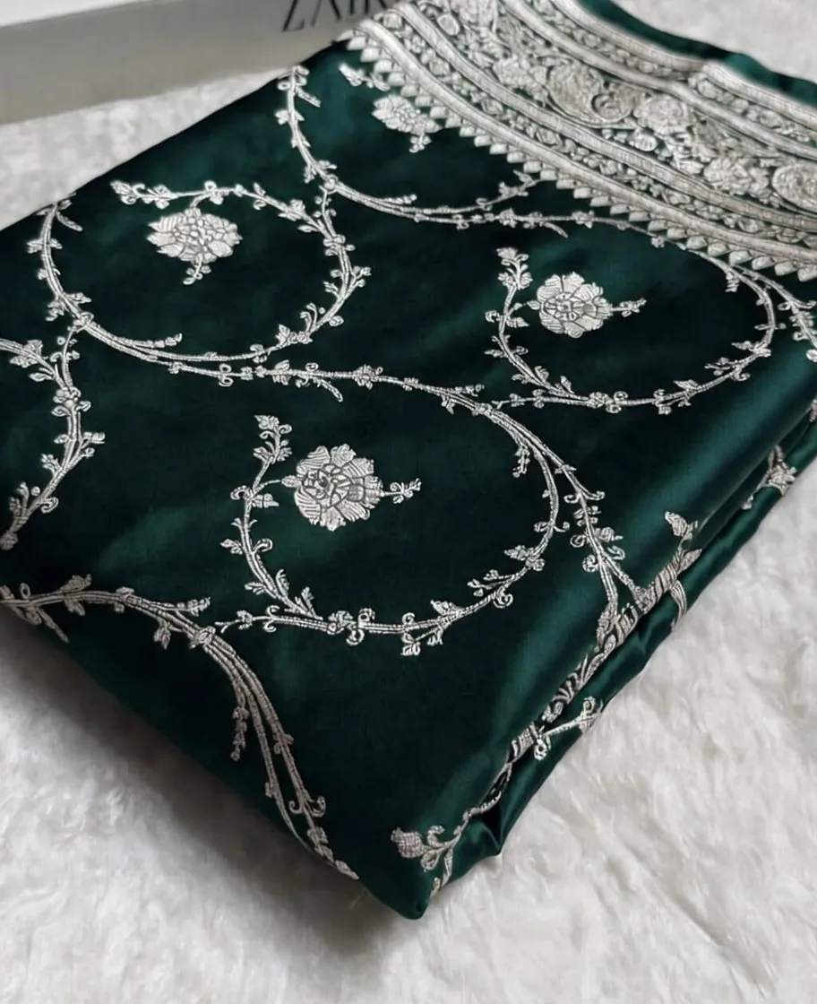 Bottle Green banarasi mashru silk jaal saree