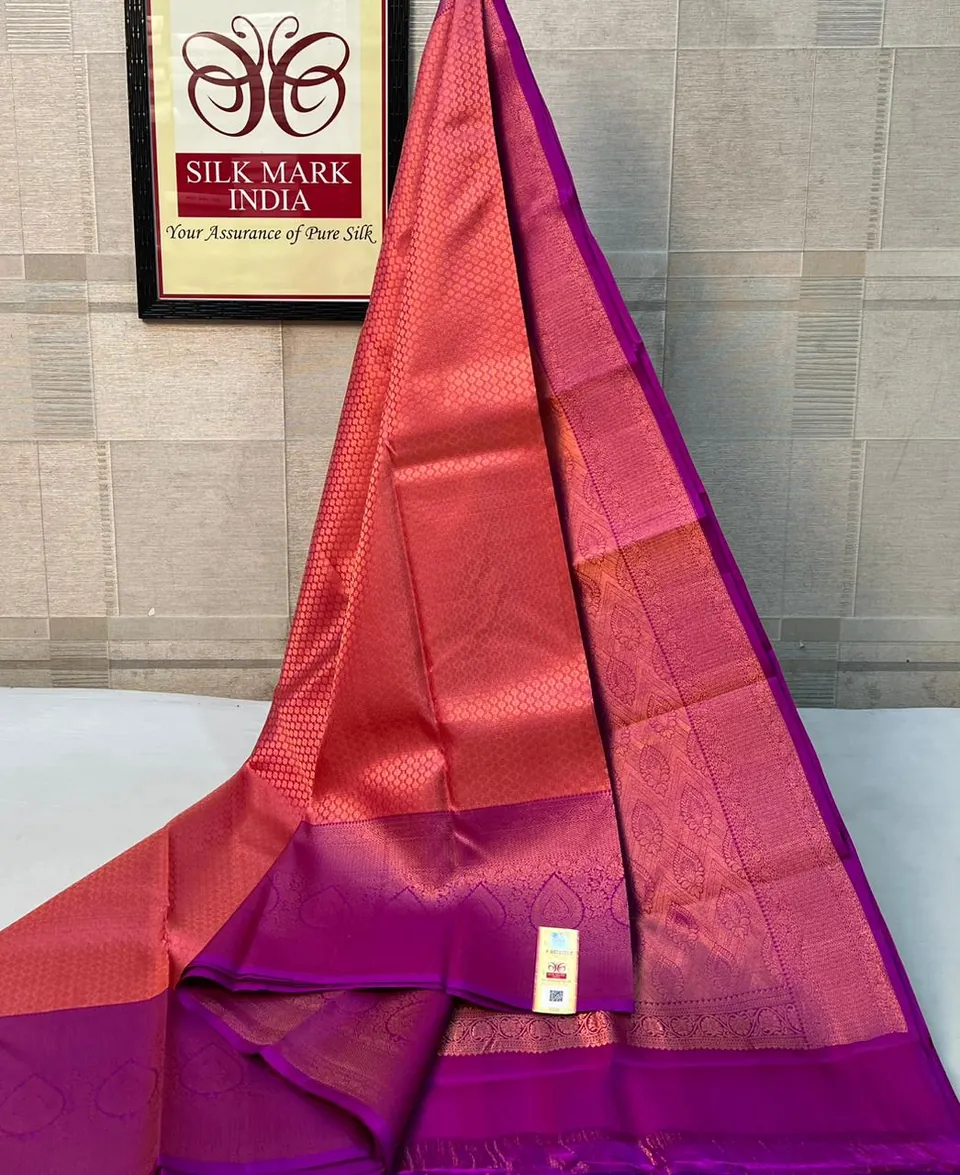 Coral & Magenta kanchipuram pure silk saree