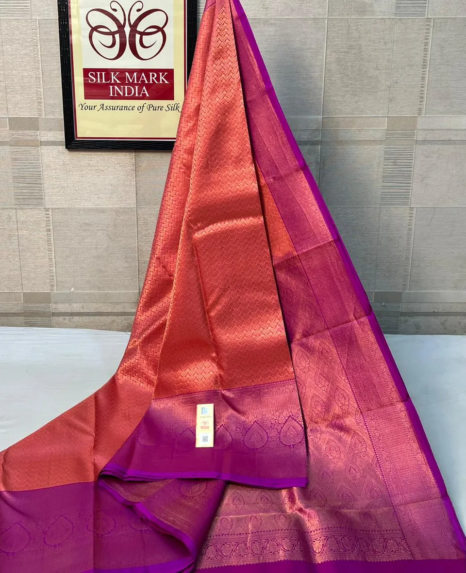 Coral & Purple kanchipuram pure silk saree