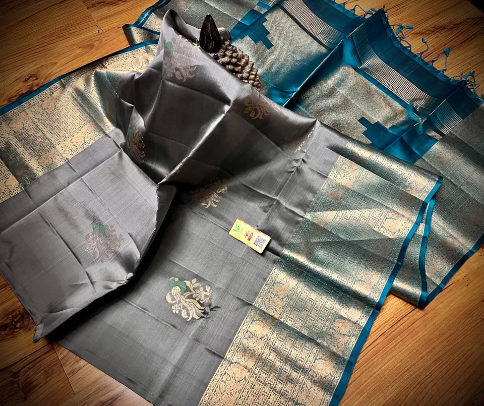 Grey & Teal kanchipuram meena butta silk saree