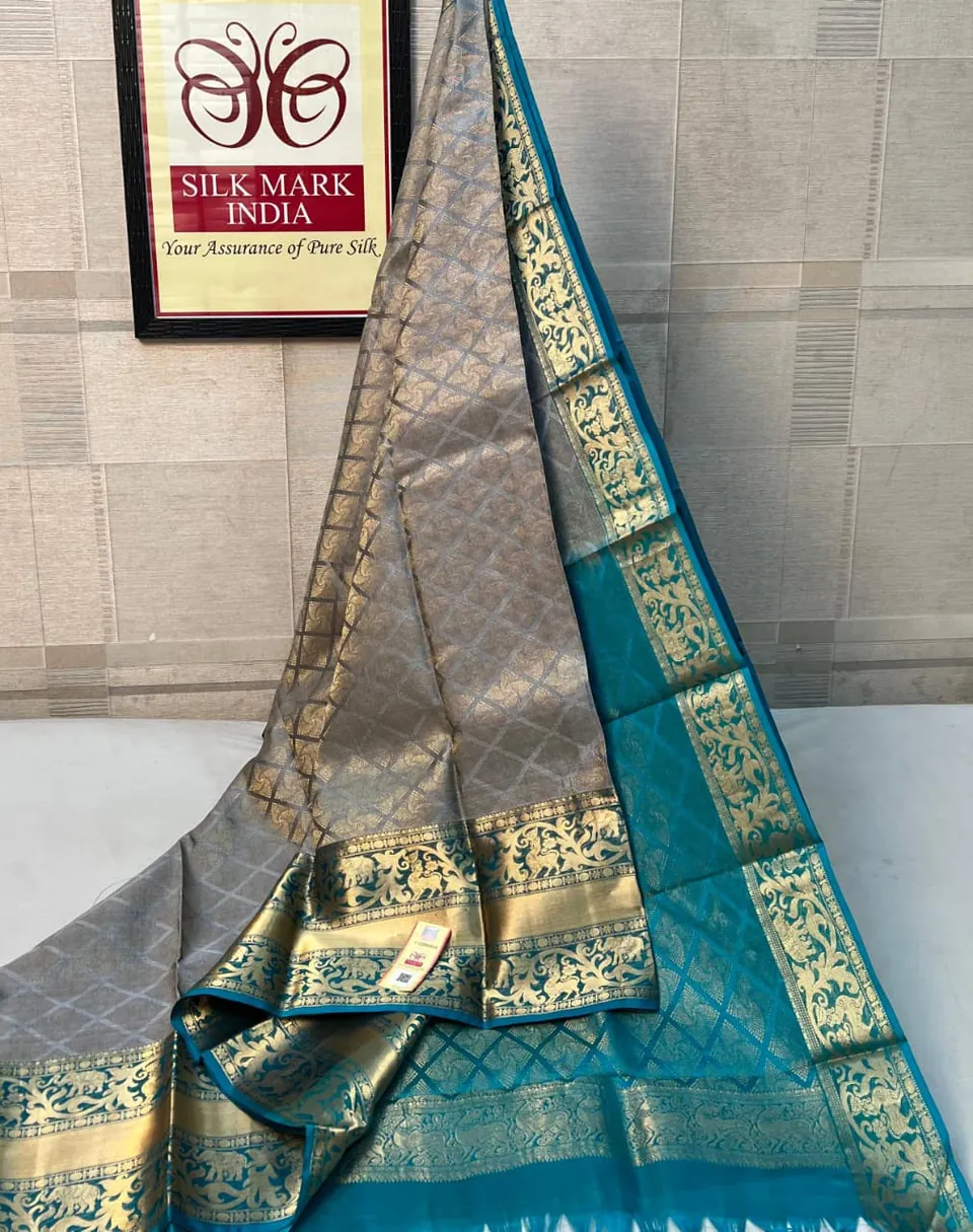 Grey & Teal kanchipuram pure silk saree