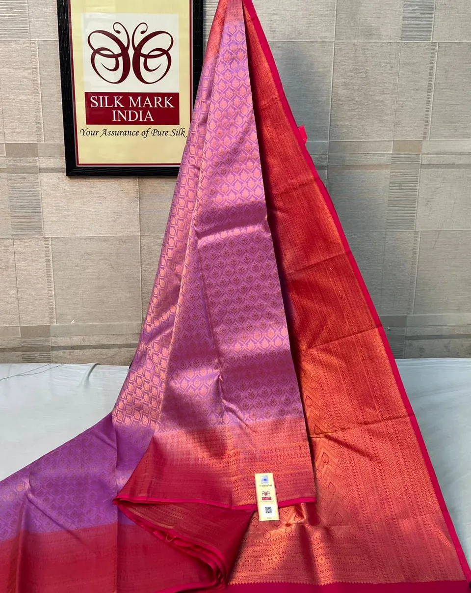 Lilac & Red kanchipuram pure silk saree