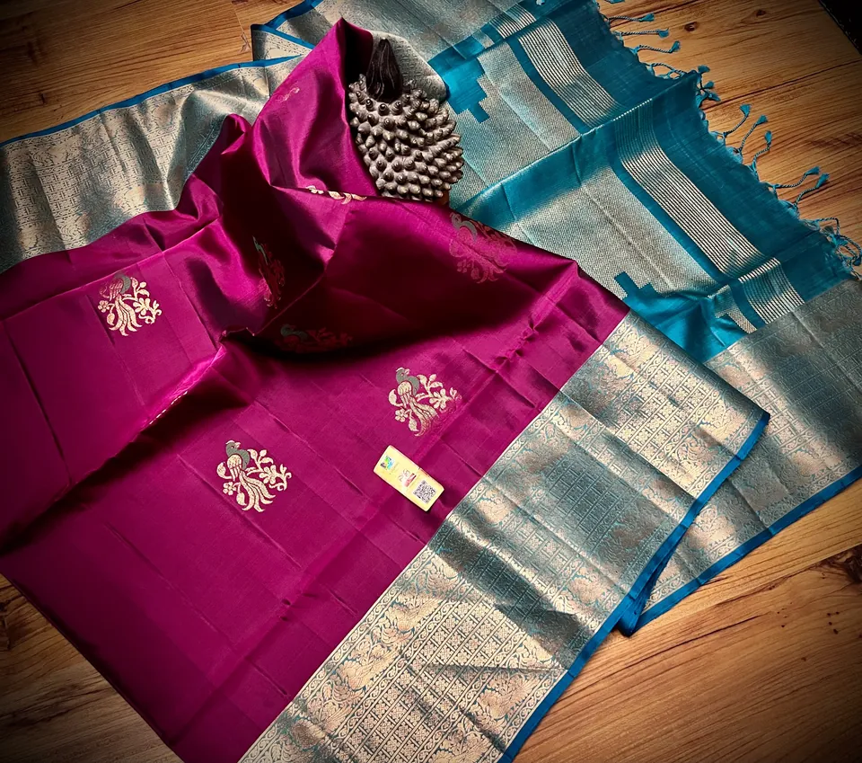 Magenta & Teal kanchipuram meena butta silk saree, view 3
