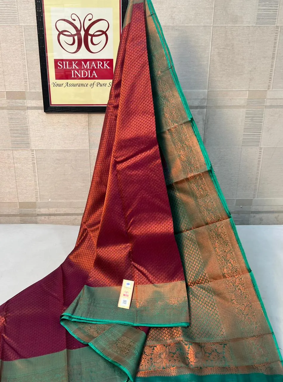 Maroon & Sea Green kanchipuram pure silk saree