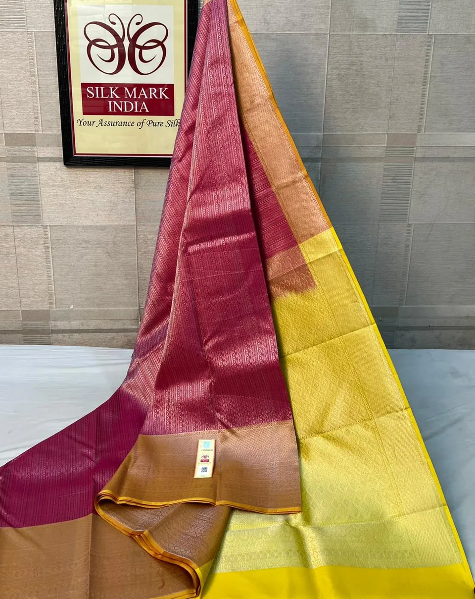 Maroon & Yellow kanchipuram pure silk saree