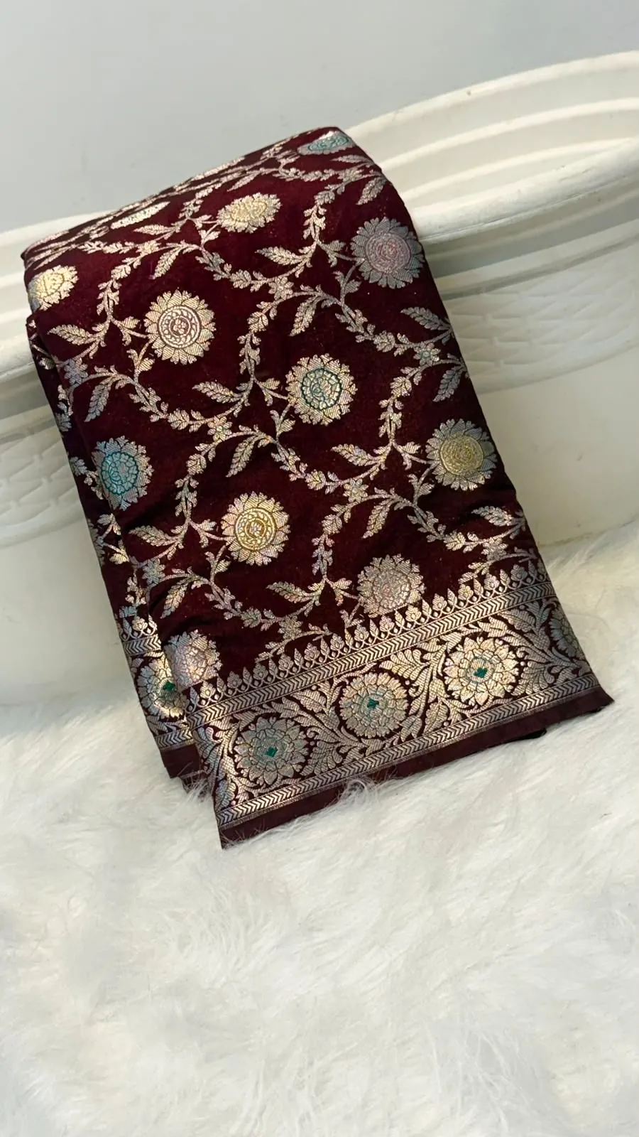 Maroon banarasi katan silk meenakari jaal saree, view 3