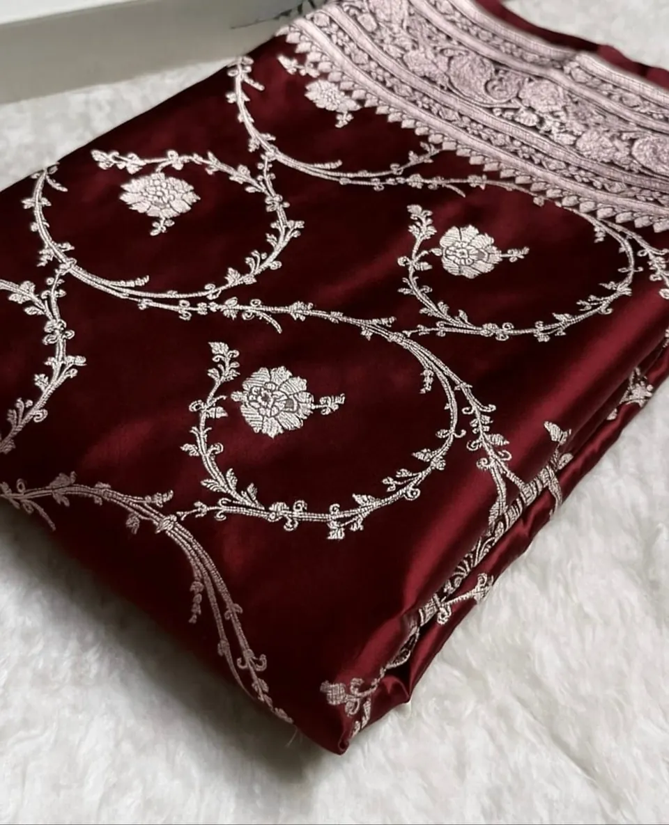 Maroon banarasi mashru silk jaal saree