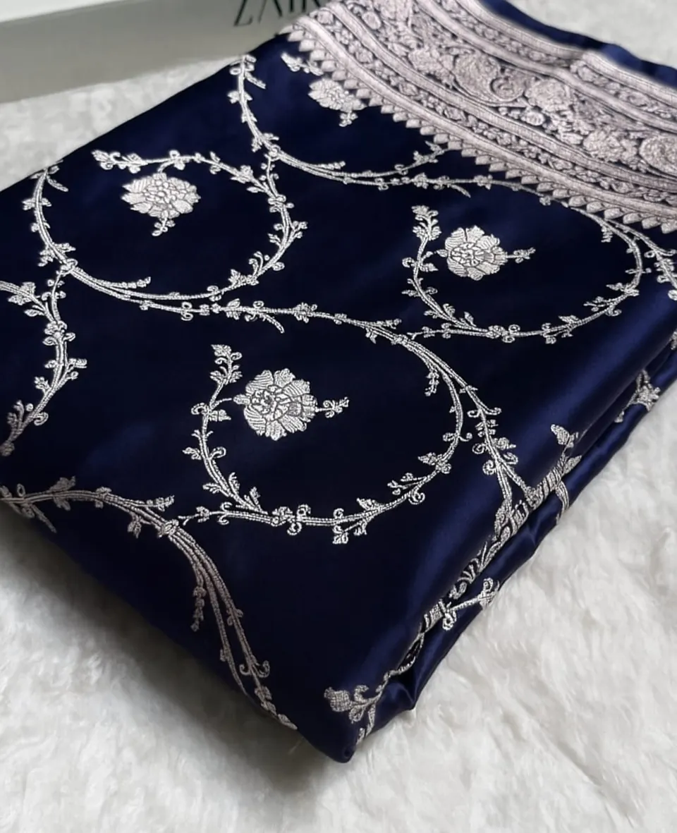 Navy Blue banarasi mashru silk jaal saree