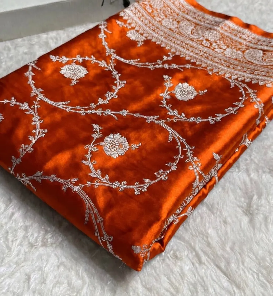 Orange banarasi mashru silk jaal saree