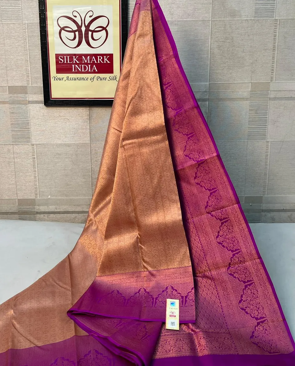 Peach & Magenta kanchipuram pure silk saree