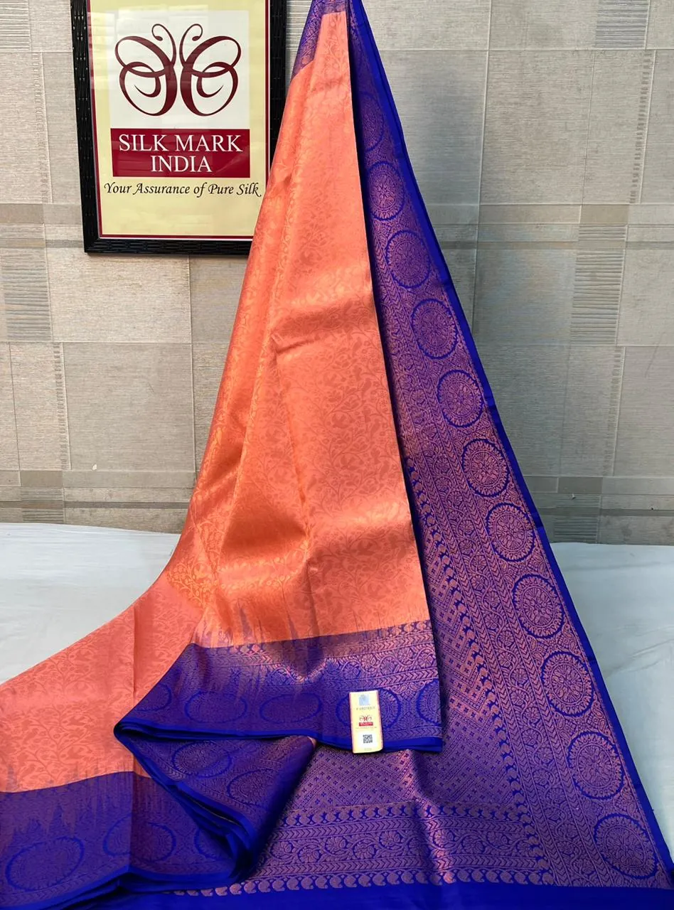Peach & Royal Blue kanchipuram pure silk saree