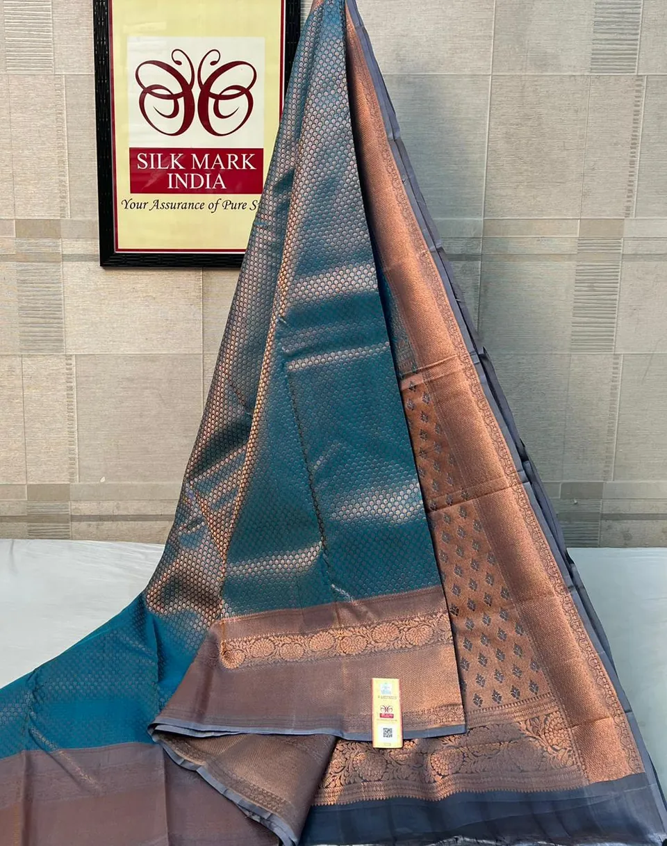 Peacock Blue & Copper kanchipuram pure silk saree