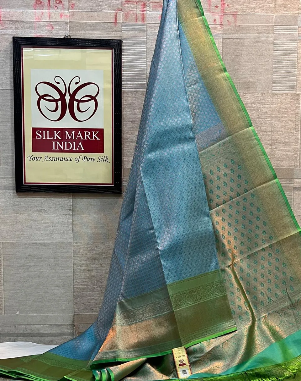 Powder Blue & Green kanchipuram pure silk saree