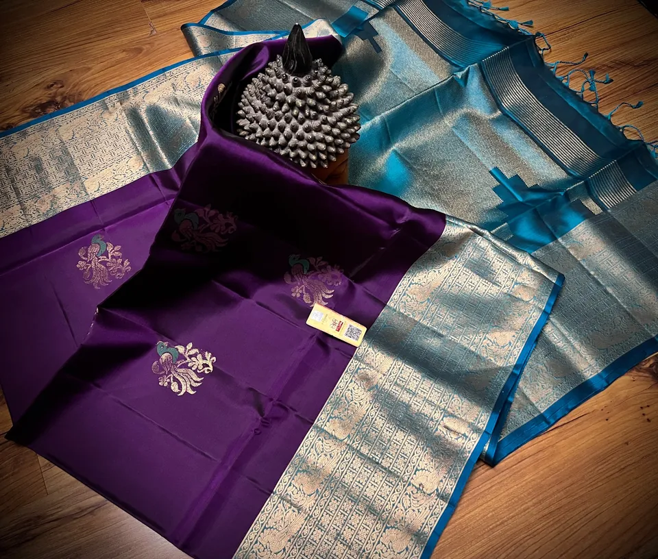 Purple & Teal kanchipuram meena butta silk saree, view 3