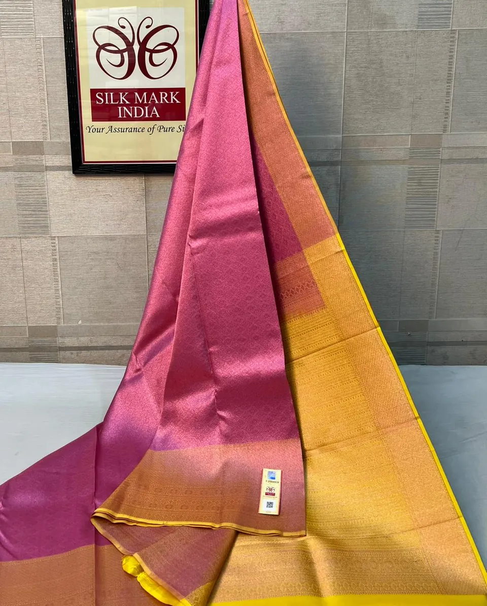Rose Pink & Yellow kanchipuram pure silk saree