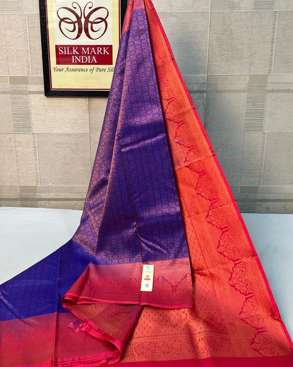Royal Blue & Red kanchipuram pure silk saree