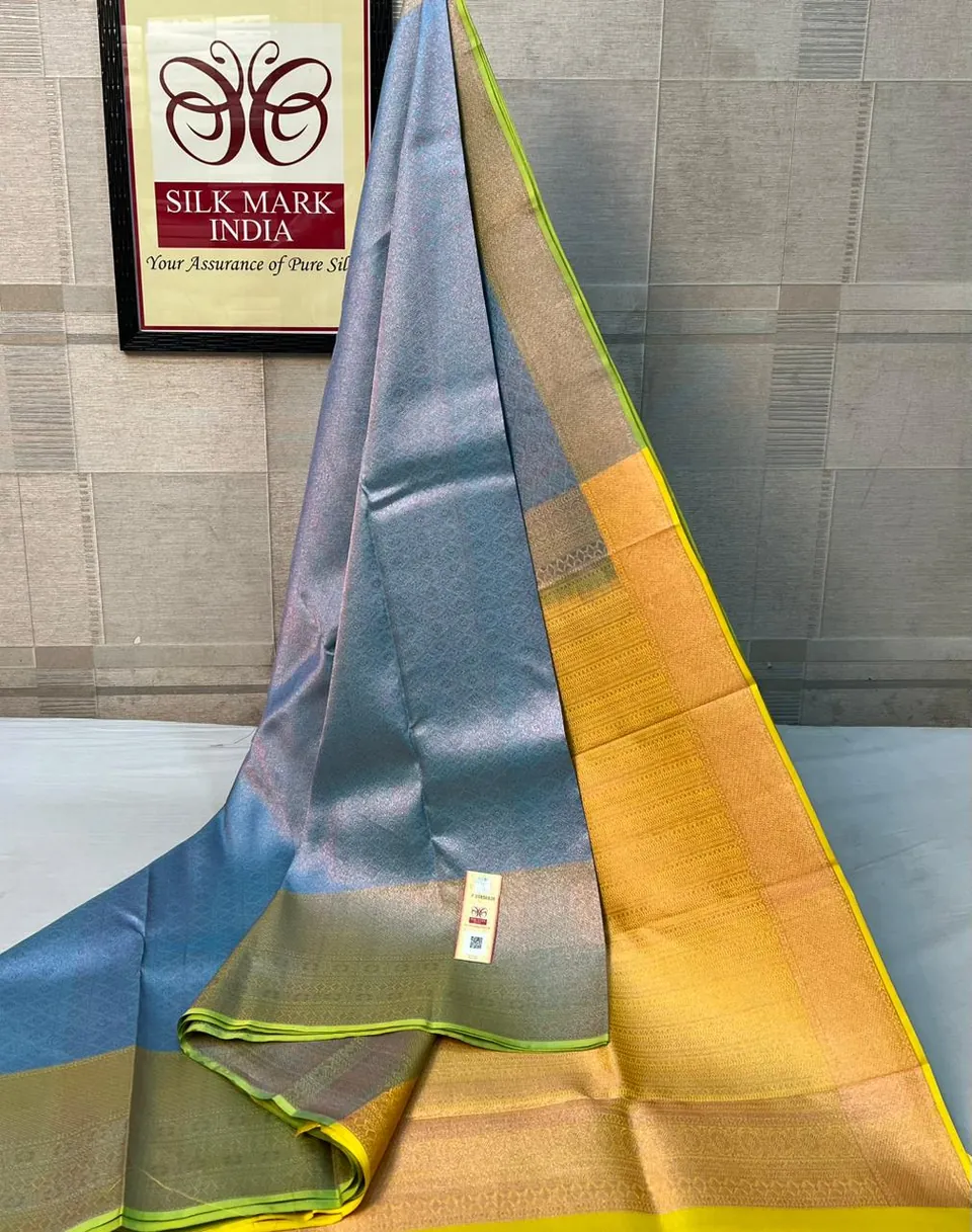 Sky Blue & Yellow kanchipuram pure silk saree