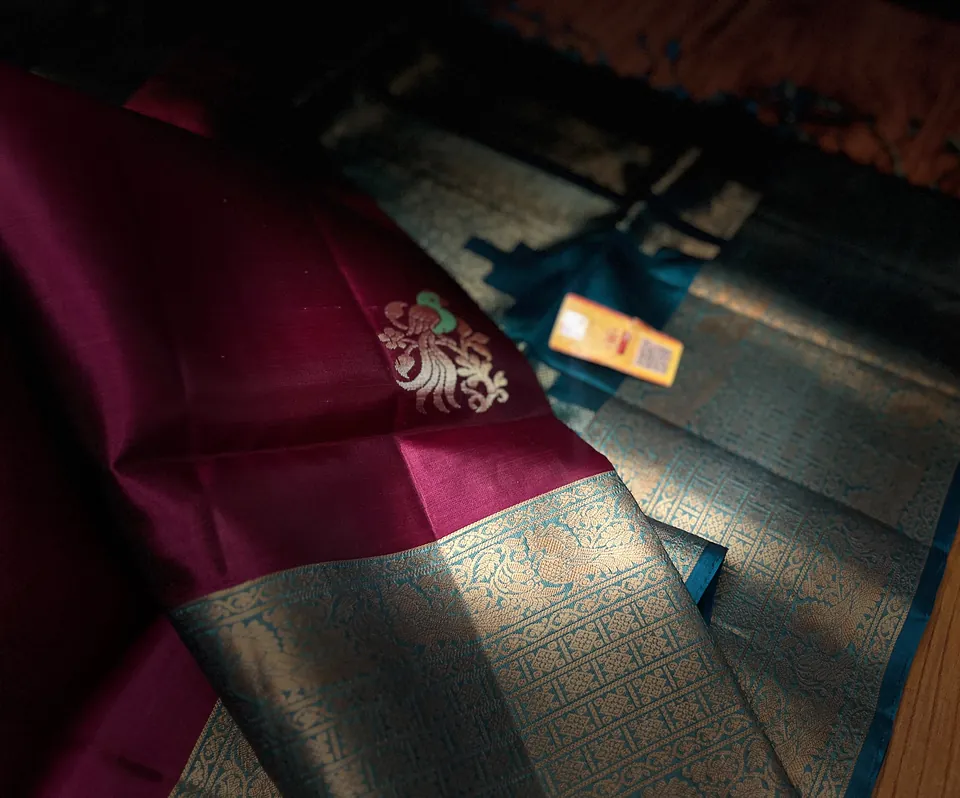 Wine & Teal kanchipuram meena butta silk saree
